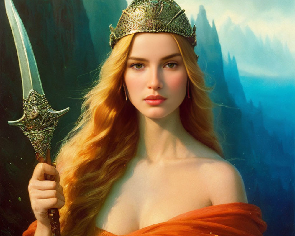 Red-haired woman in crown with jeweled sword against mountains