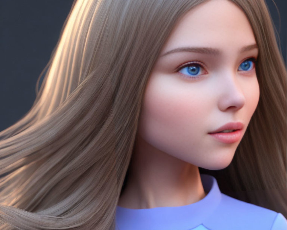 3D-rendered female character with blonde hair and blue eyes in lavender top