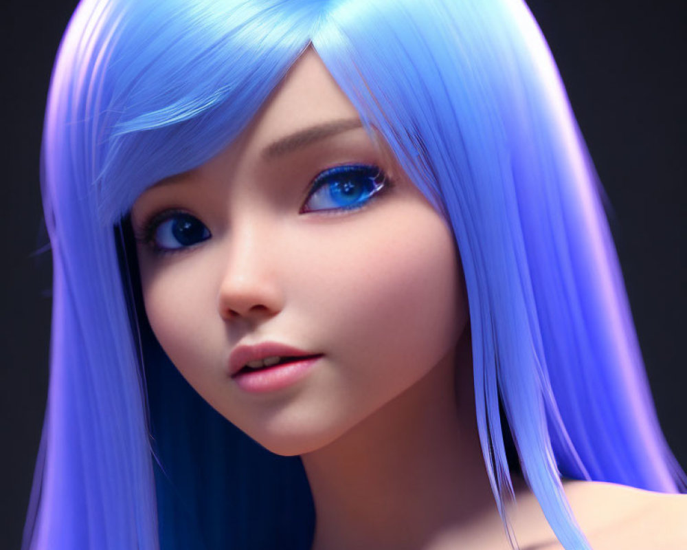 Vivid Blue-Haired Female Character in 3D Render Against Dark Background