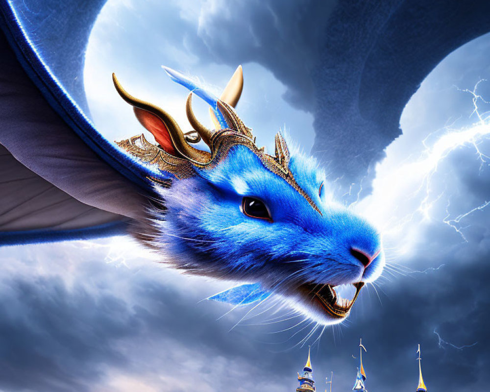 Blue dragon with golden horns flying above stormy sky and intricate castle.