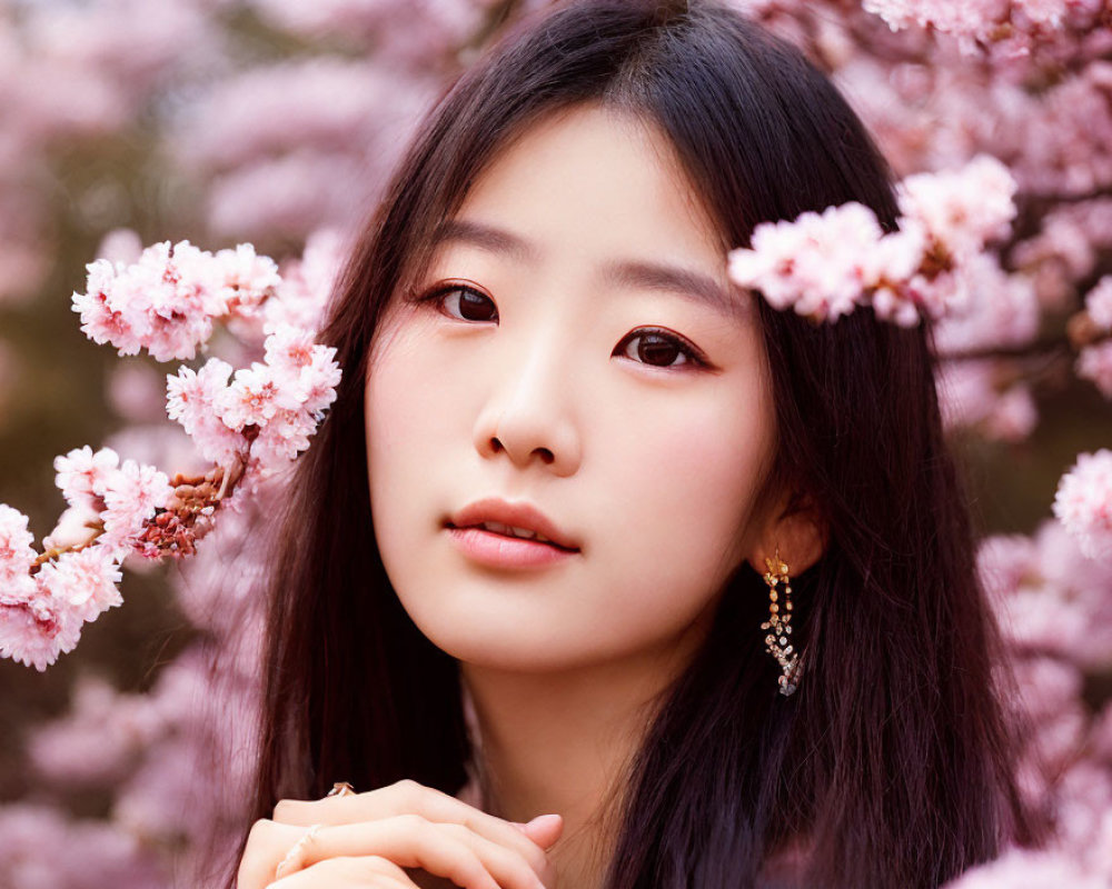 Long-haired woman with subtle makeup posing among pink cherry blossoms