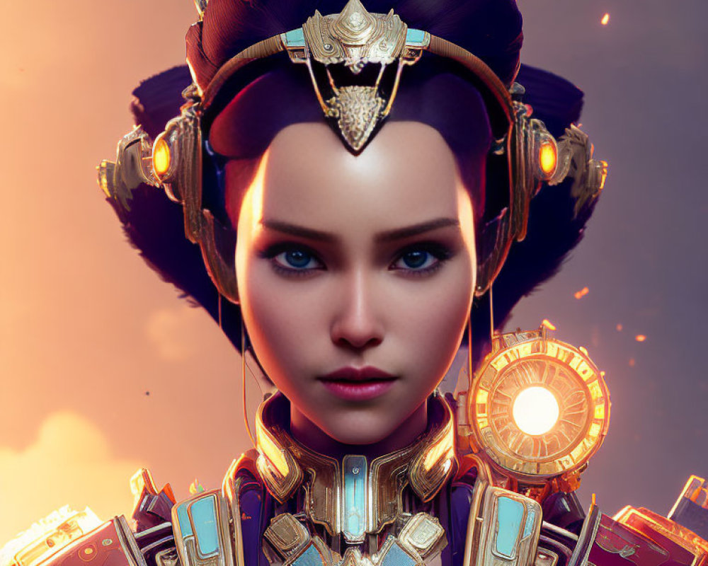 Digital Artwork: Woman with Blue Eyes, Traditional Headpiece, and Golden Armor against Twilight Sky