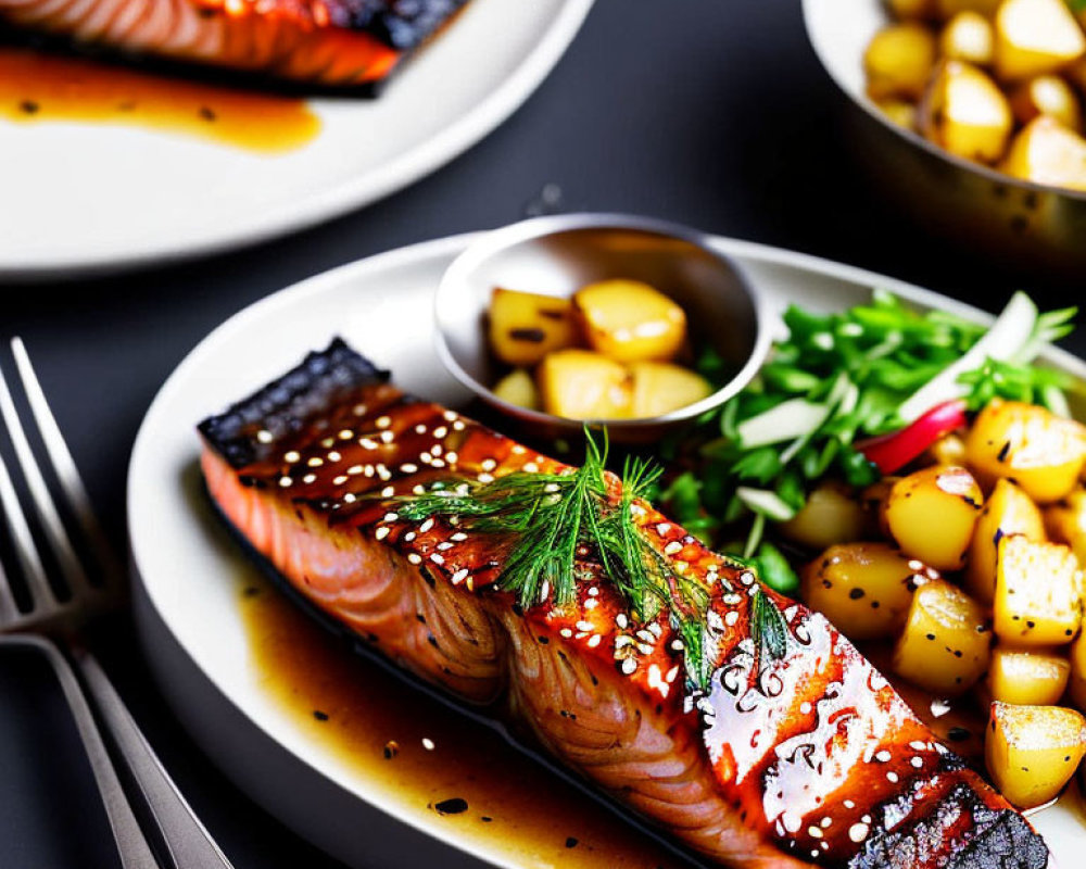 Grilled Salmon Fillets with Herbs, Potatoes, and Greens on White Plate