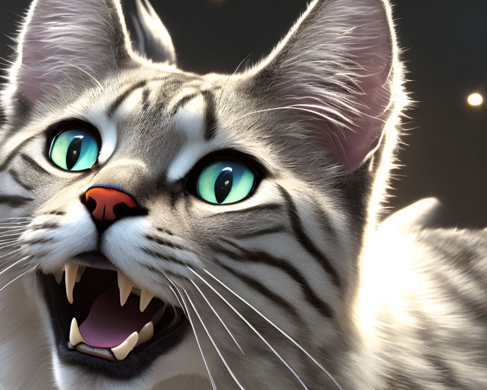 Animated grey tabby cat with green eyes meowing under warm light