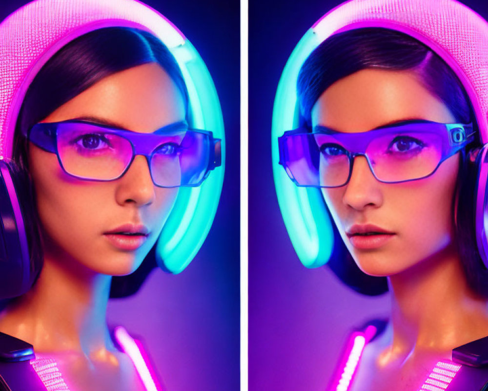 Double image of woman with glasses and neon headphones in purple and blue lights