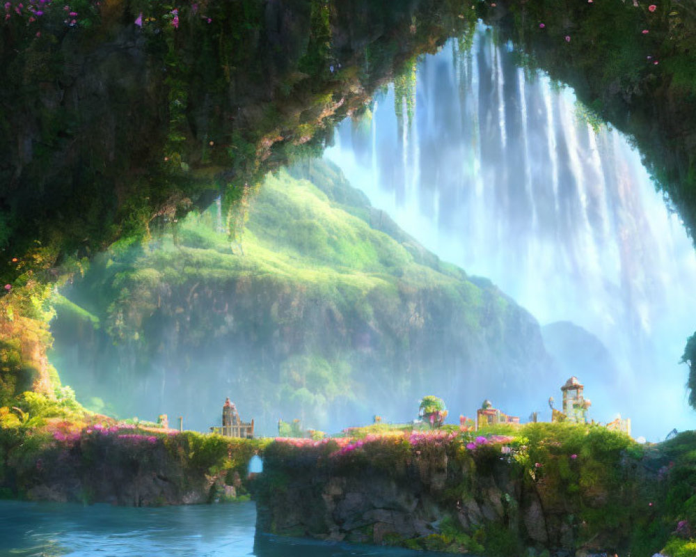 Majestic waterfall cascading into serene lake surrounded by lush greenery and vibrant flowers