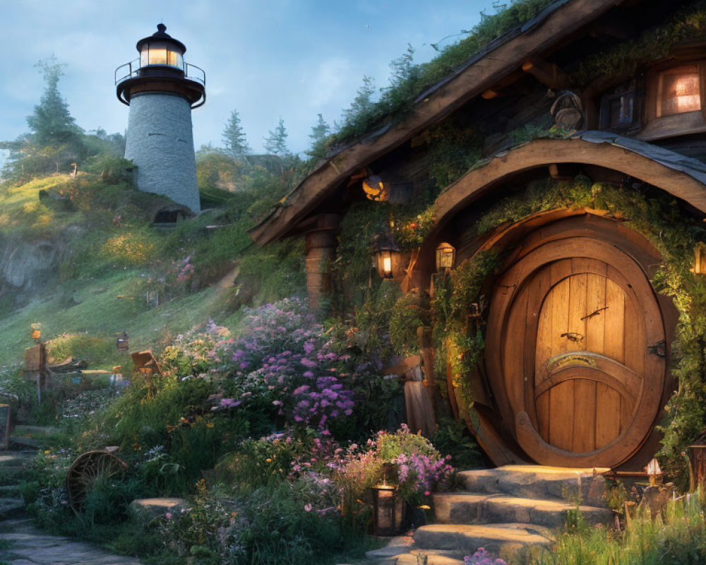 Round wooden door of hobbit house in lush hillside with lighthouse in serene landscape