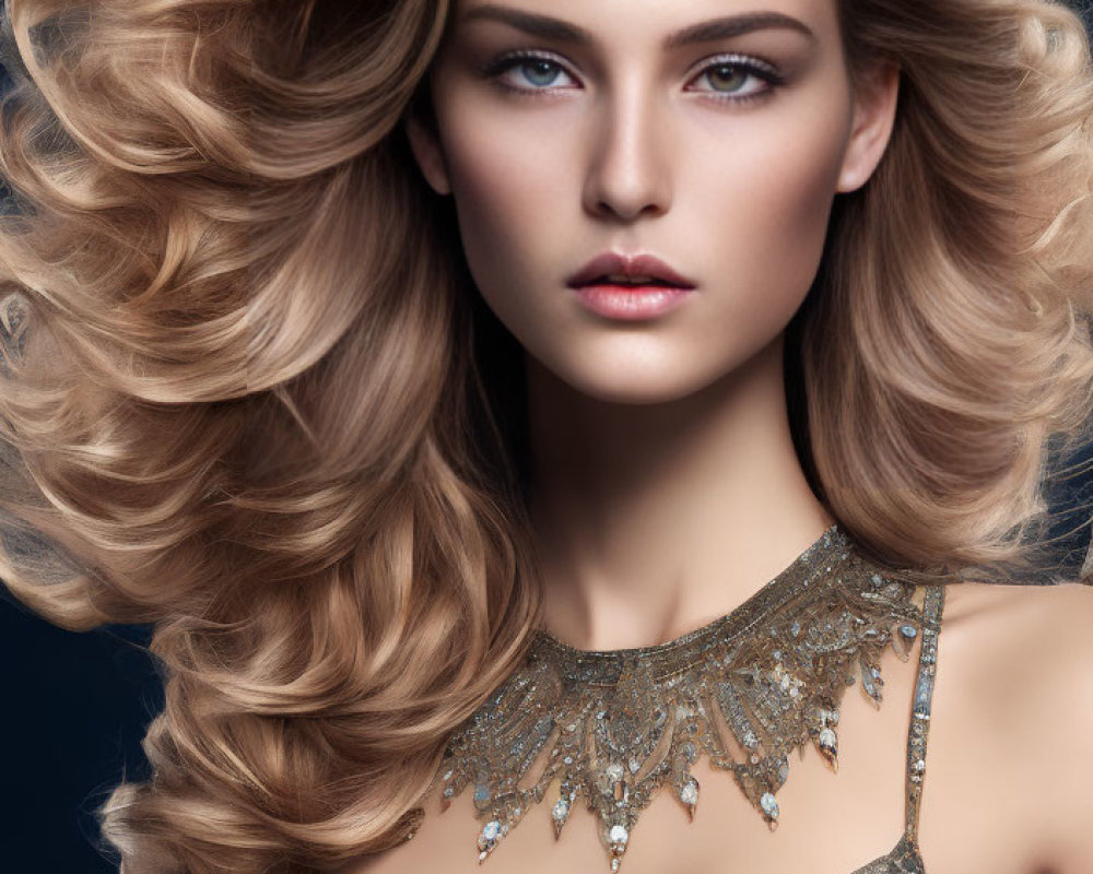 Blonde woman with wavy hair and striking makeup in embellished top