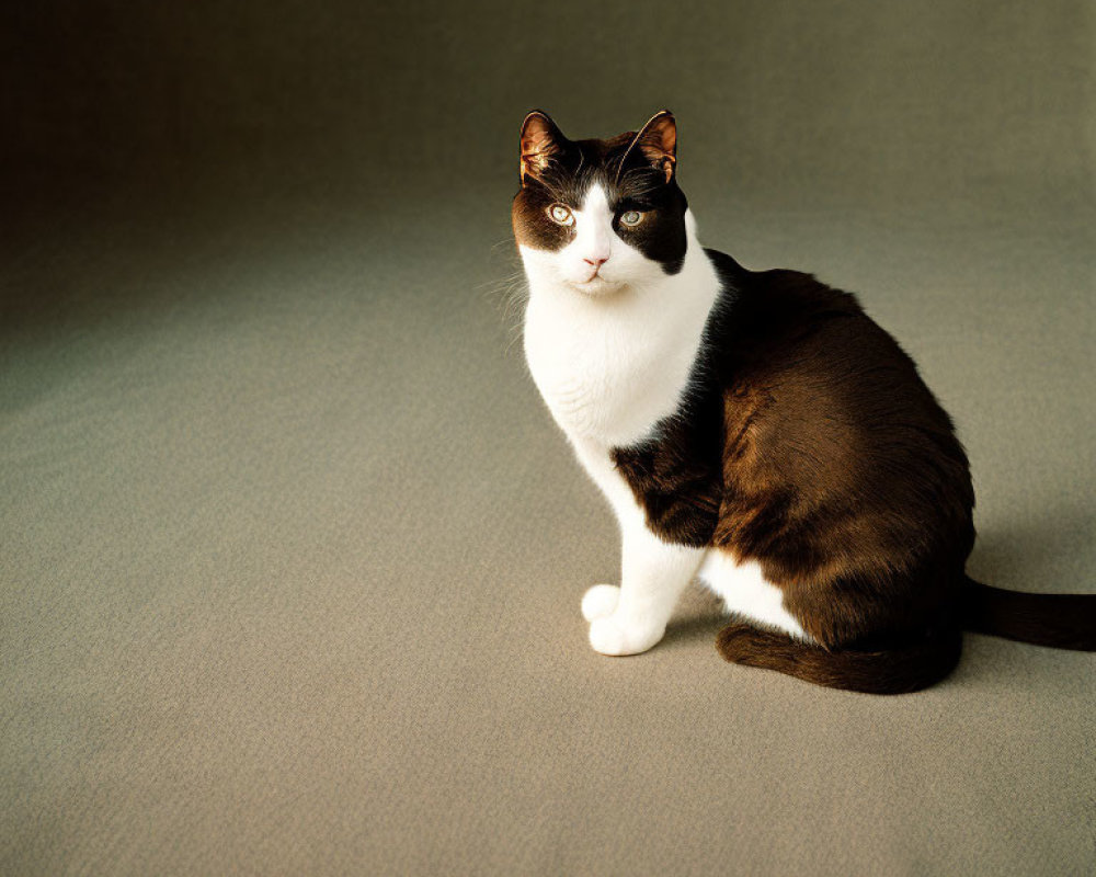 Split-face black and white cat on textured beige surface