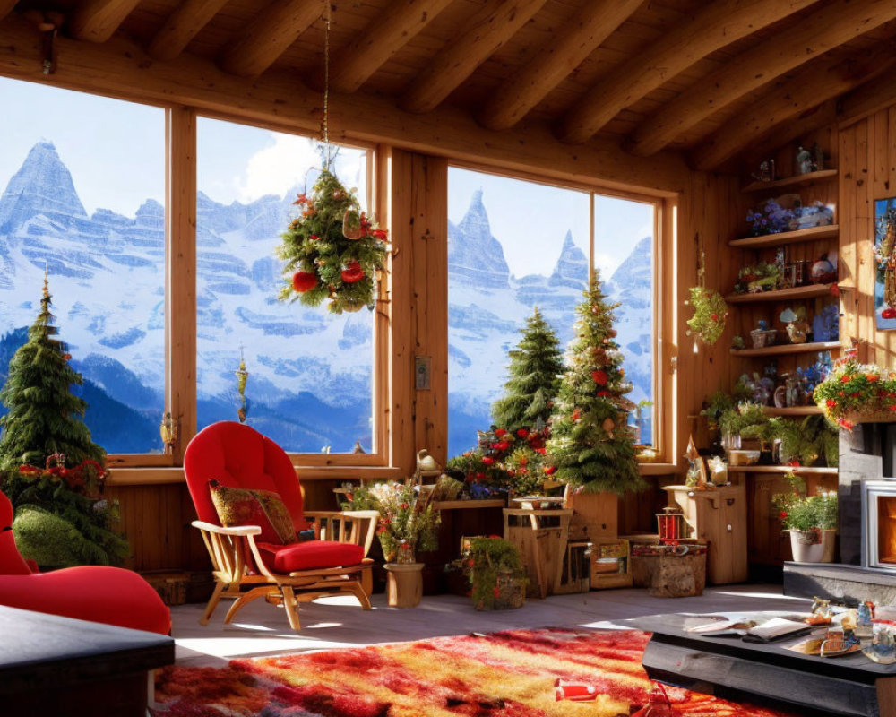 Festive Christmas decor in cozy wooden cabin with mountain view