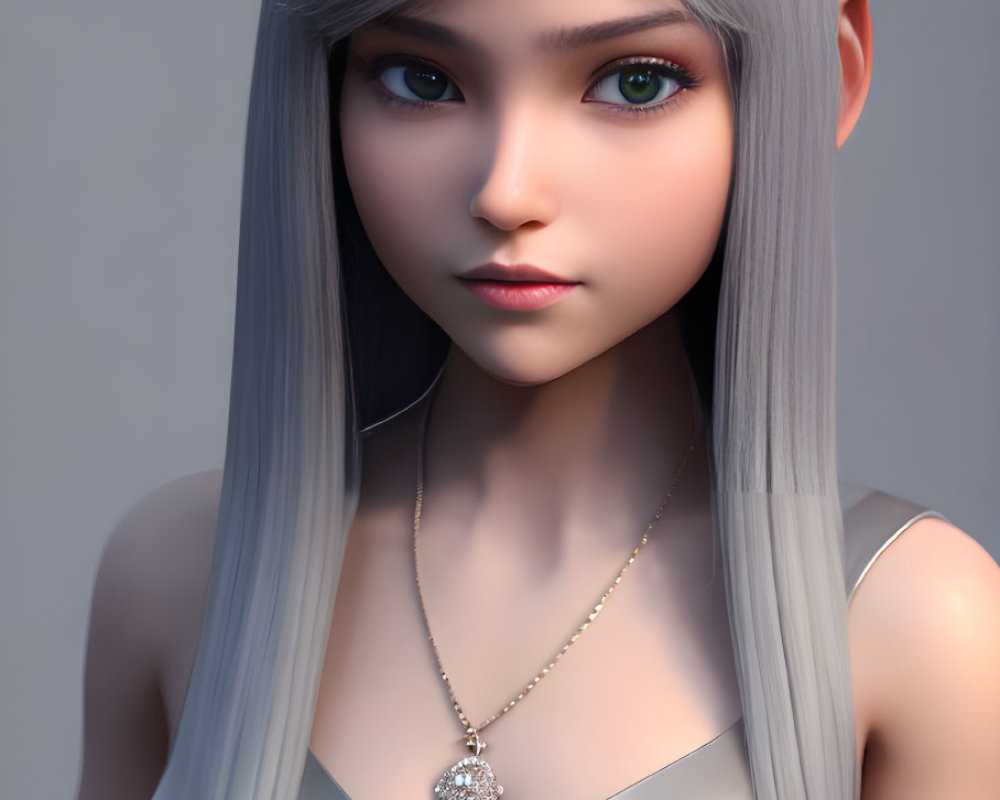 3D-rendered portrait of female with silver hair, blue eyes, shiny pendant