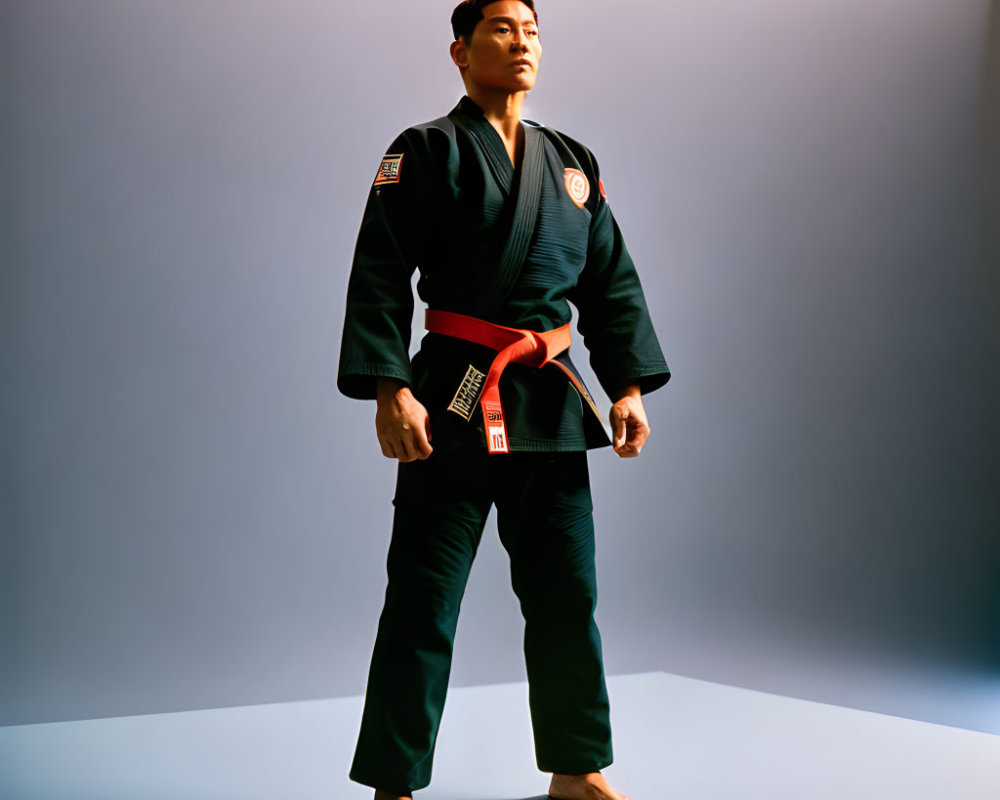 Confident person in dark judo gi with red and black belt on blue mat