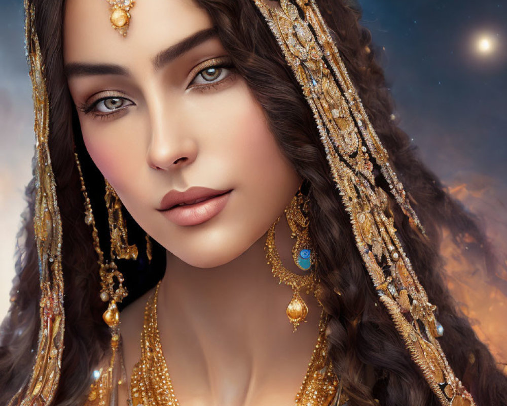 Woman adorned with golden jewelry under cloudy sky with planet.