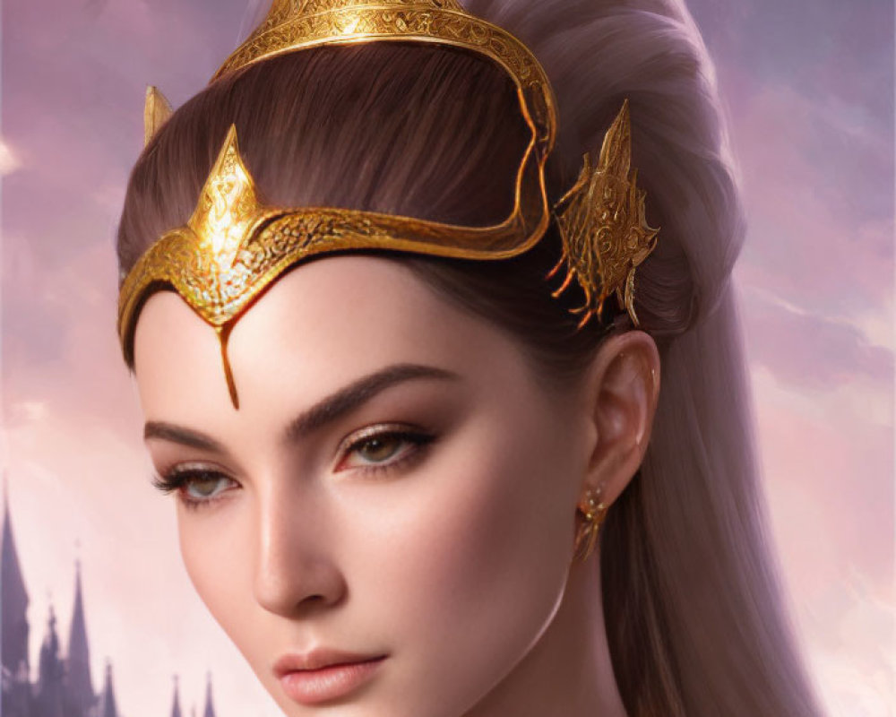 Regal woman in golden tiara and armor with castle background