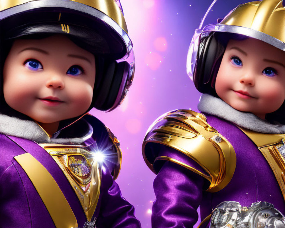 Animated characters in purple and gold space suits with helmets and headsets on starry background