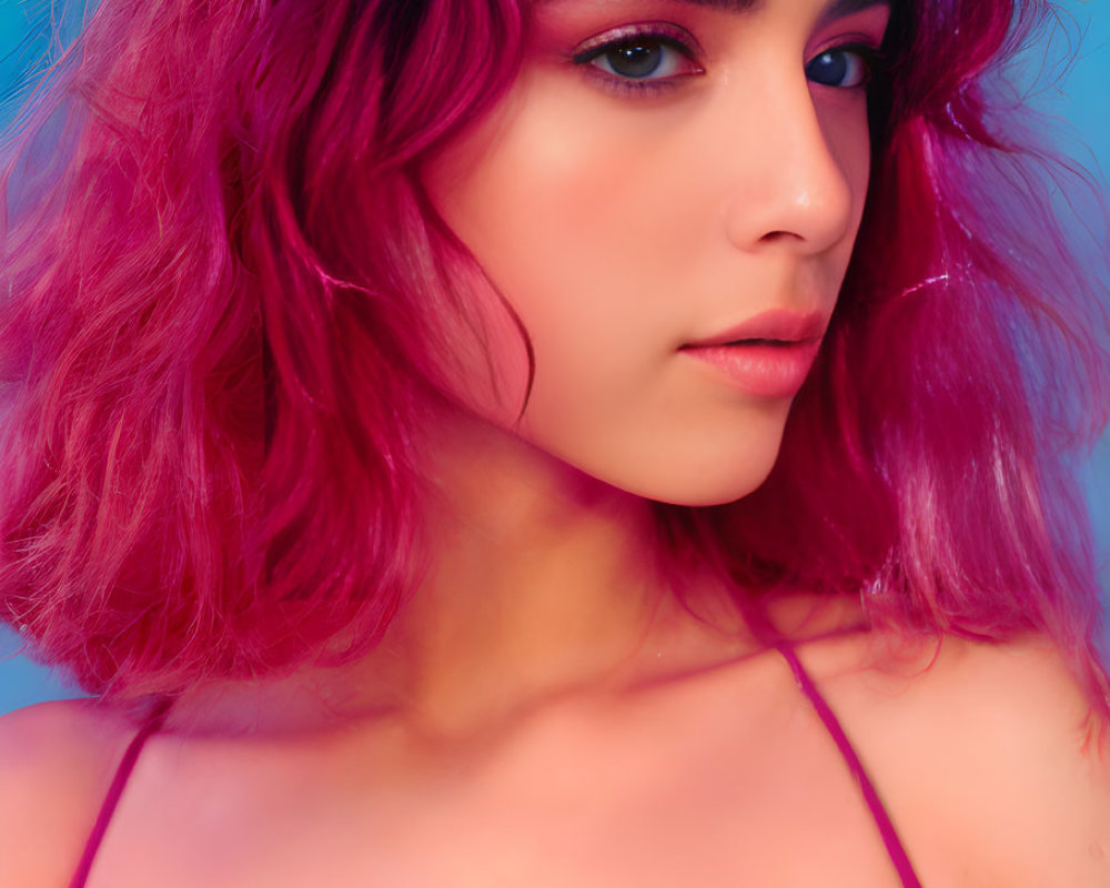 Person with Pink-Purple Hair and Makeup on Blue Background