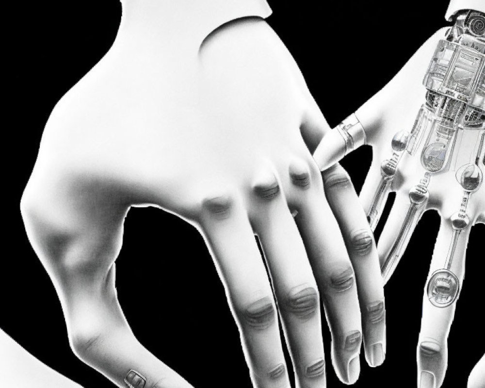 Human and robotic hands in contrast display textures and structures.