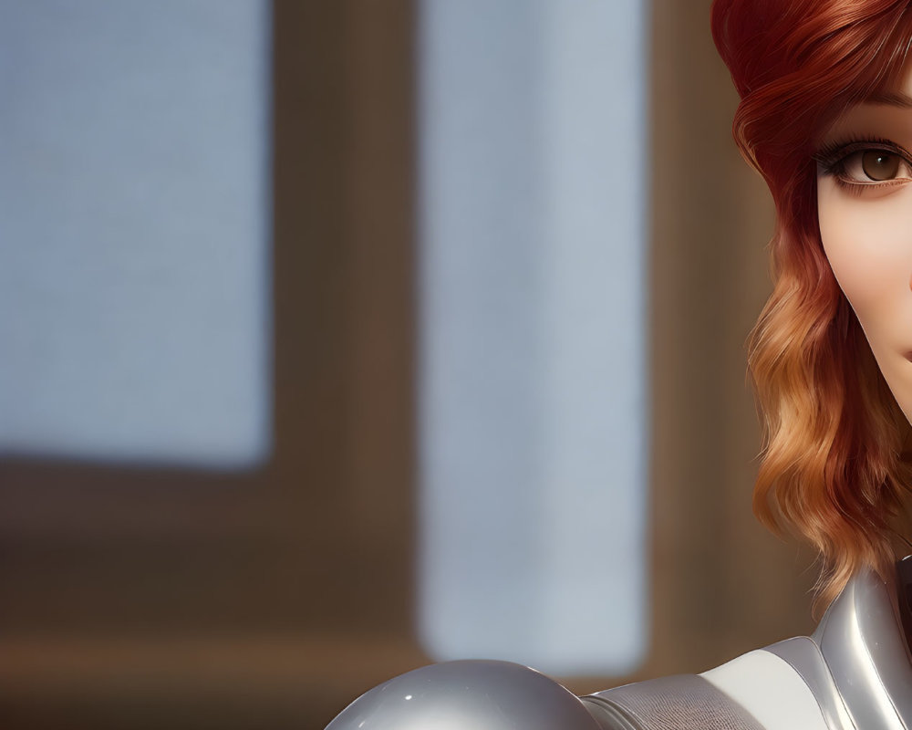 3D animated female character with red hair and silver armor in close-up shot