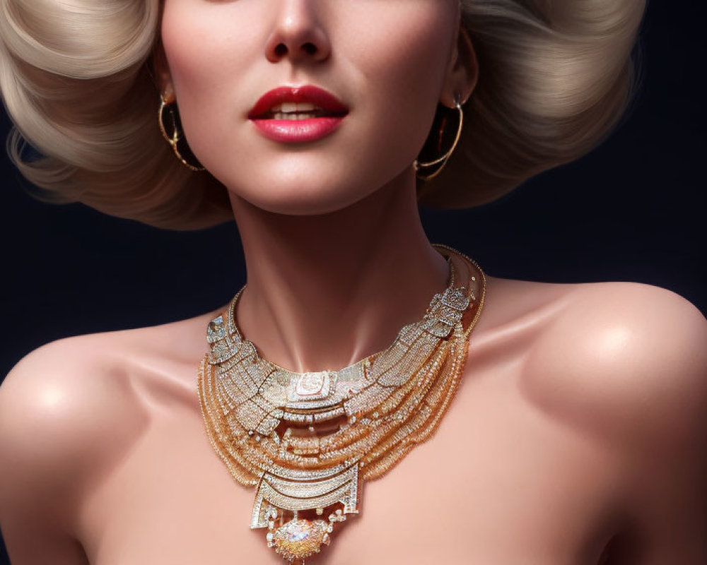 Portrait of Woman with Voluminous Blonde Hair and Gold Jewelry