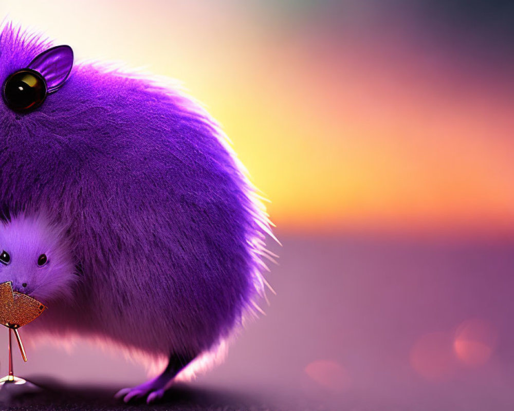 Purple fluffy creature with big eyes and cookie on blurred sunset backdrop