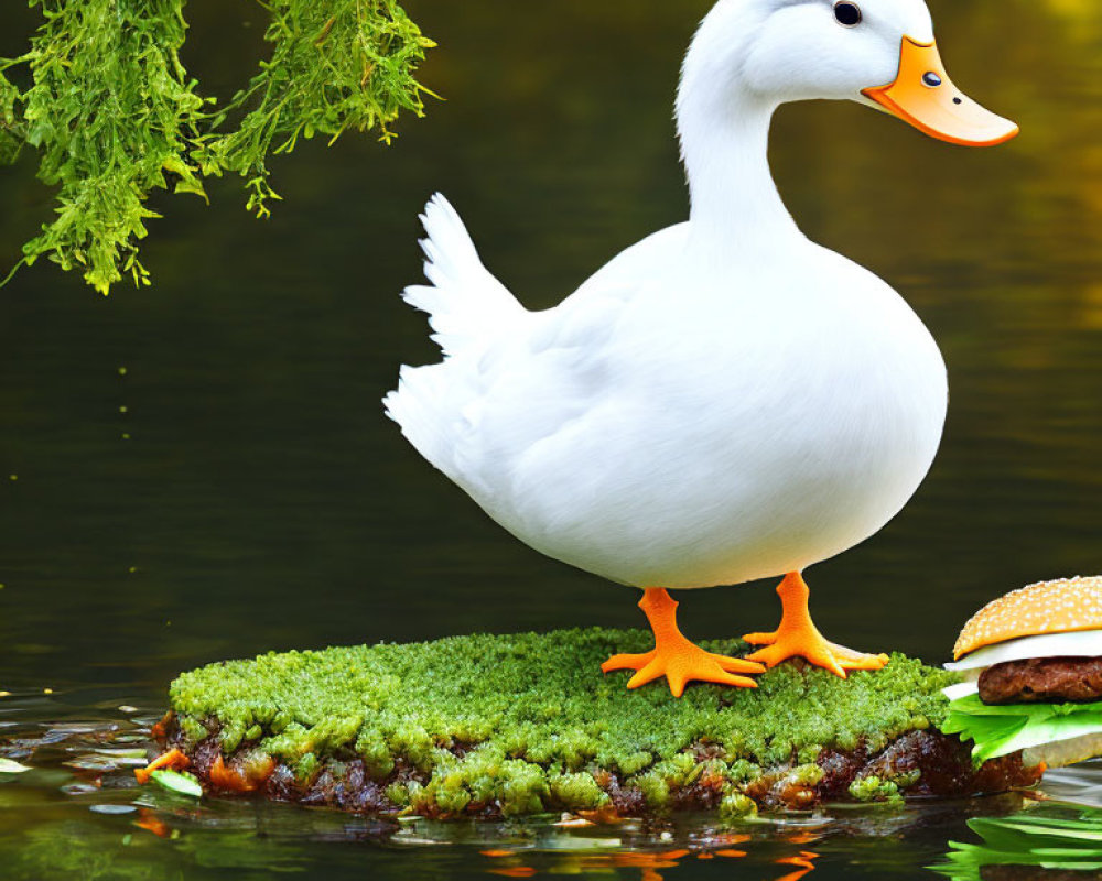 White Duck with Orange Feet Next to Hamburger on Mossy Patch