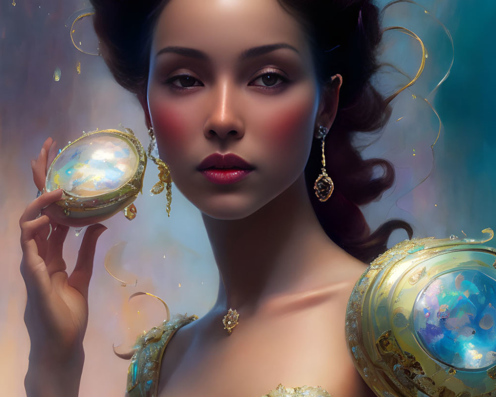 Elegant woman with glowing orb in mystical setting