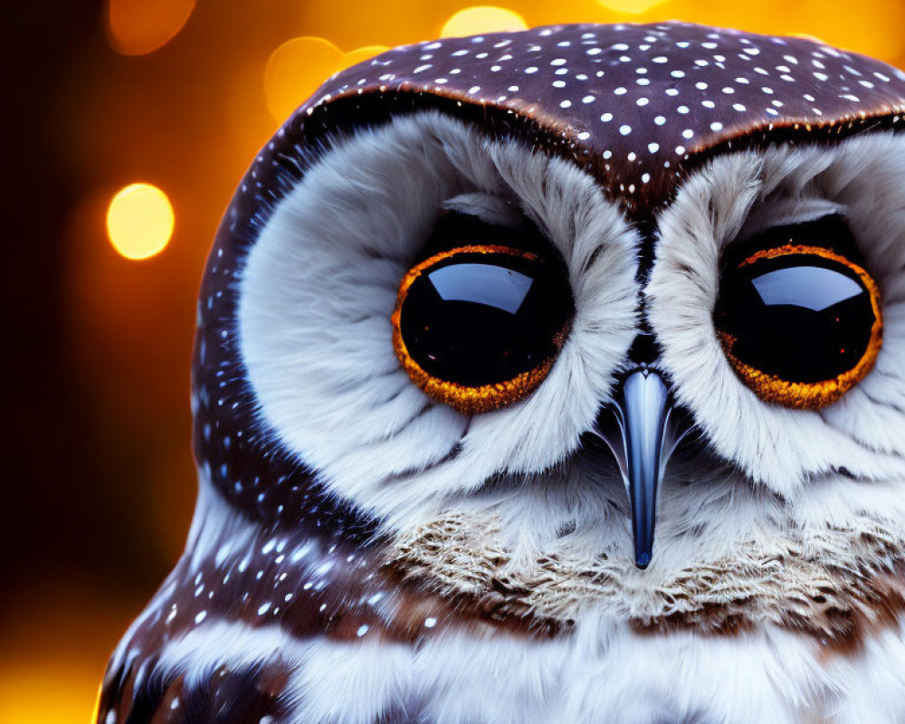 Striking orange-eyed owl with speckled plumage in warm golden light