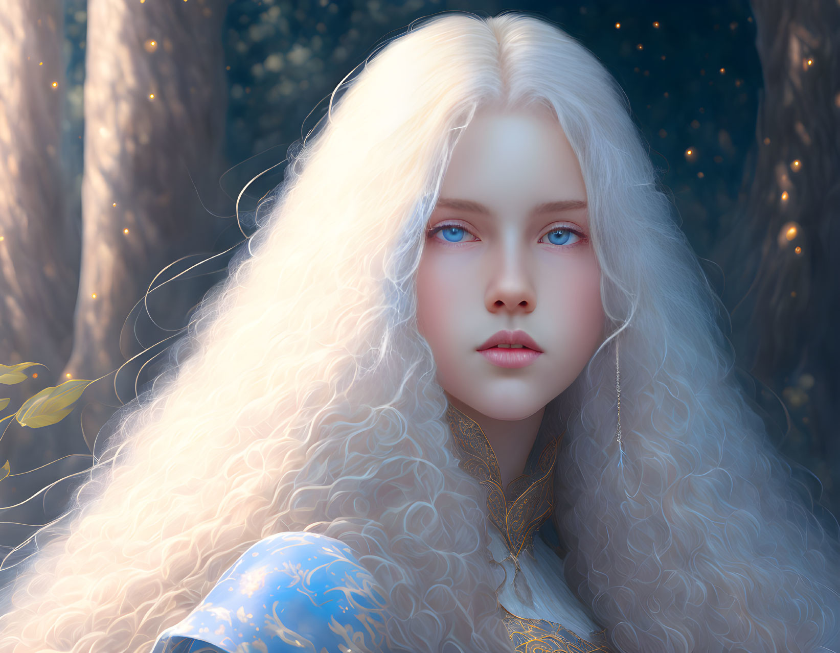 Young woman with long white hair and blue eyes in mystical forest setting