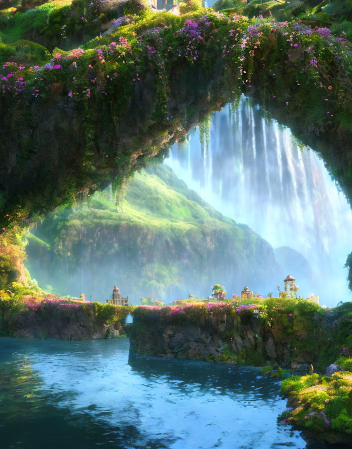 Majestic waterfall cascading into serene lake surrounded by lush greenery and vibrant flowers