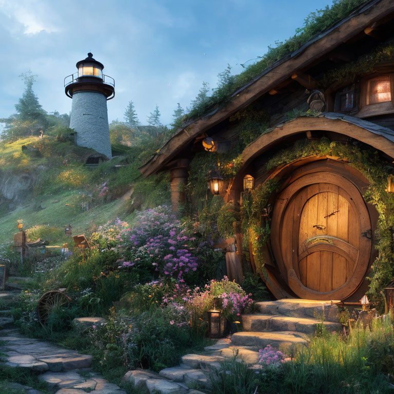 Round wooden door of hobbit house in lush hillside with lighthouse in serene landscape