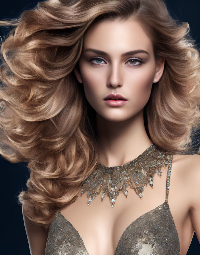 Blonde woman with wavy hair and striking makeup in embellished top