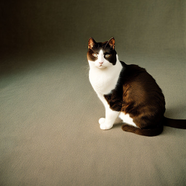 Split-face black and white cat on textured beige surface