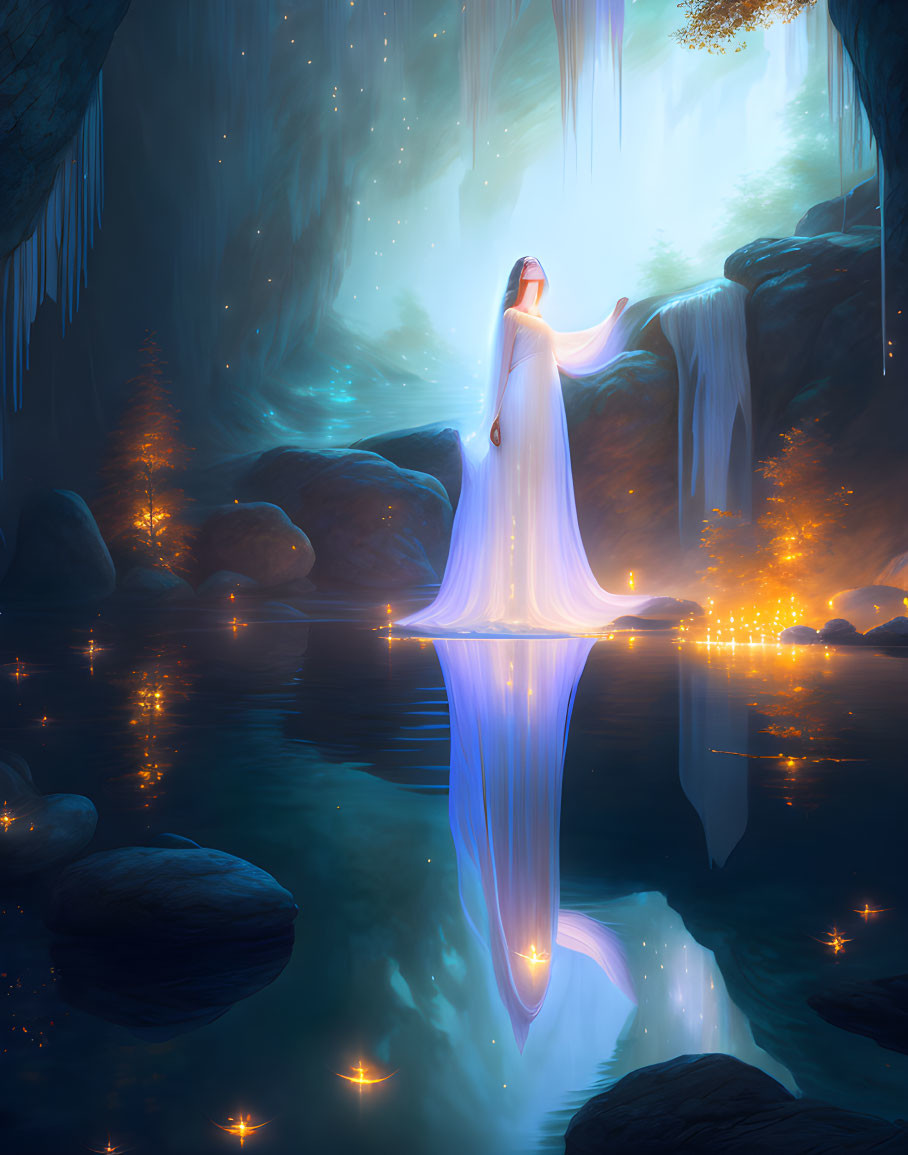 Mystical figure in white gown by tranquil blue lake