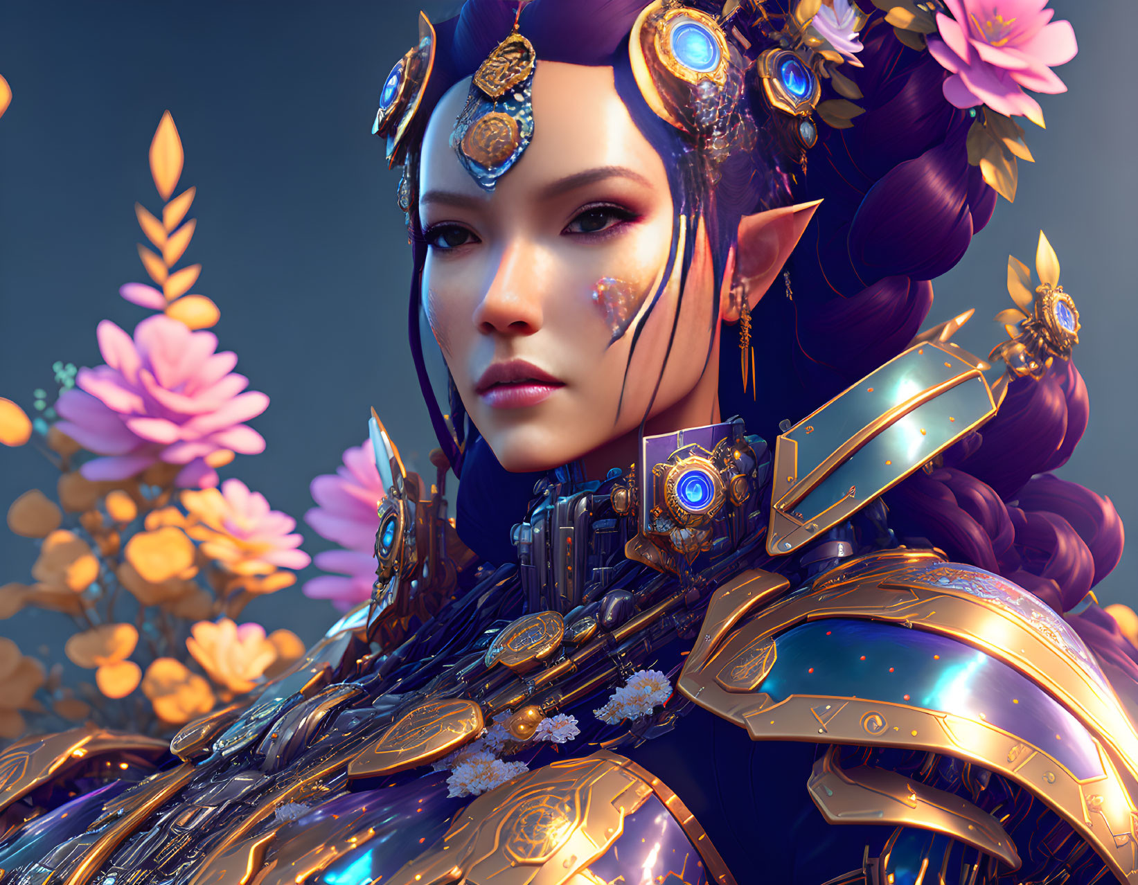 Fantasy digital artwork of elfin character in blue and gold armor with floral backdrop