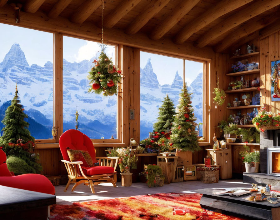 Festive Christmas decor in cozy wooden cabin with mountain view