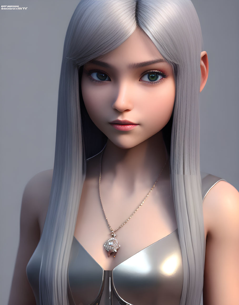 3D-rendered portrait of female with silver hair, blue eyes, shiny pendant