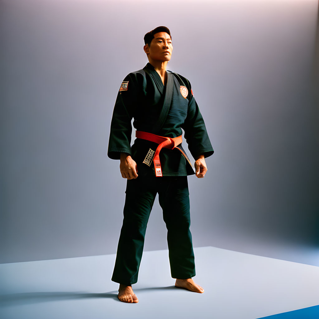 Confident person in dark judo gi with red and black belt on blue mat