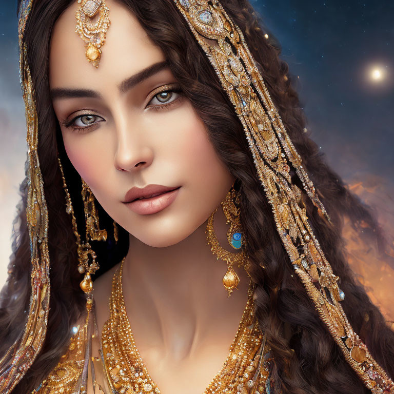 Woman adorned with golden jewelry under cloudy sky with planet.