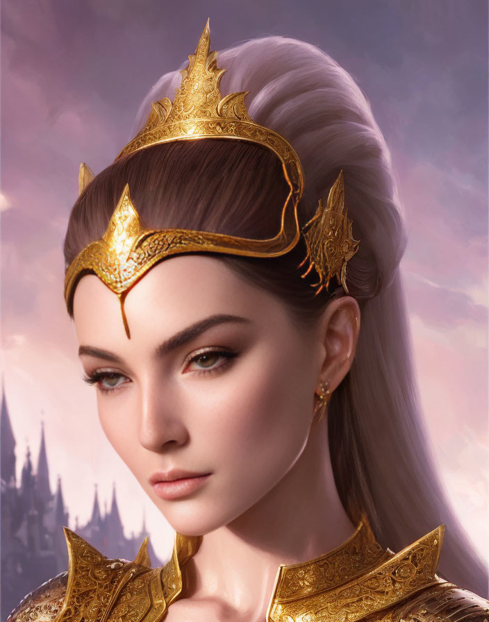 Regal woman in golden tiara and armor with castle background