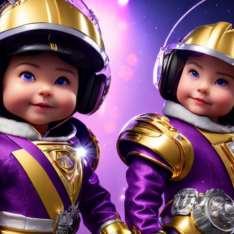 Animated characters in purple and gold space suits with helmets and headsets on starry background