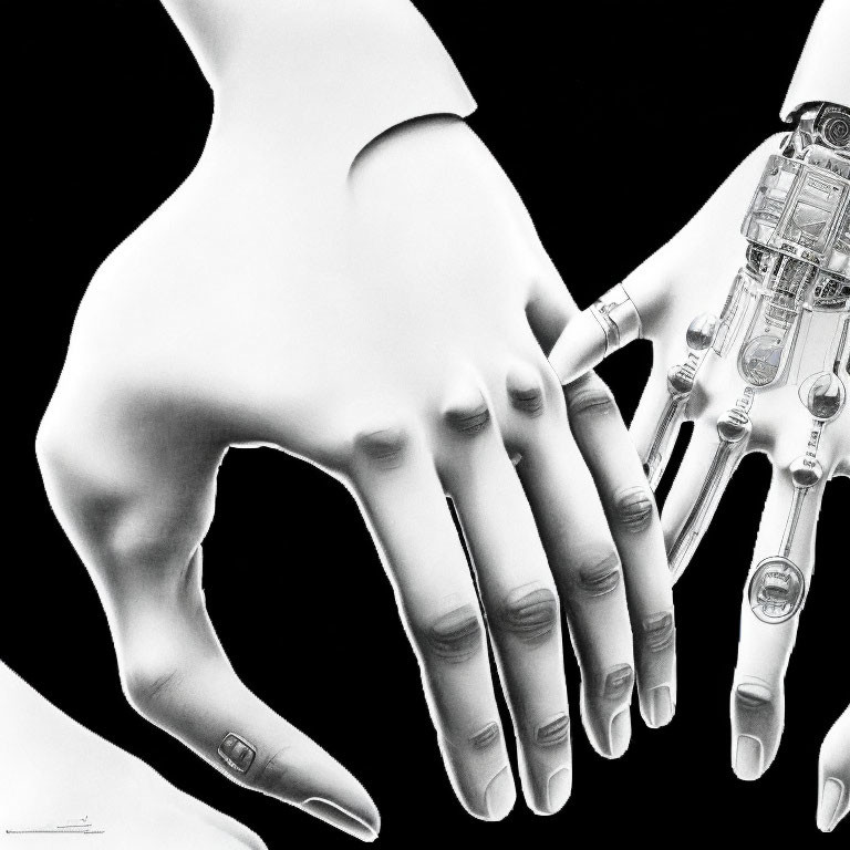 Human and robotic hands in contrast display textures and structures.