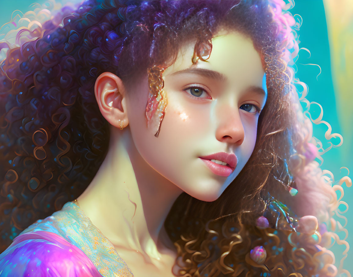 Colorful digital portrait: girl with curly hair and gold drip in dreamy setting