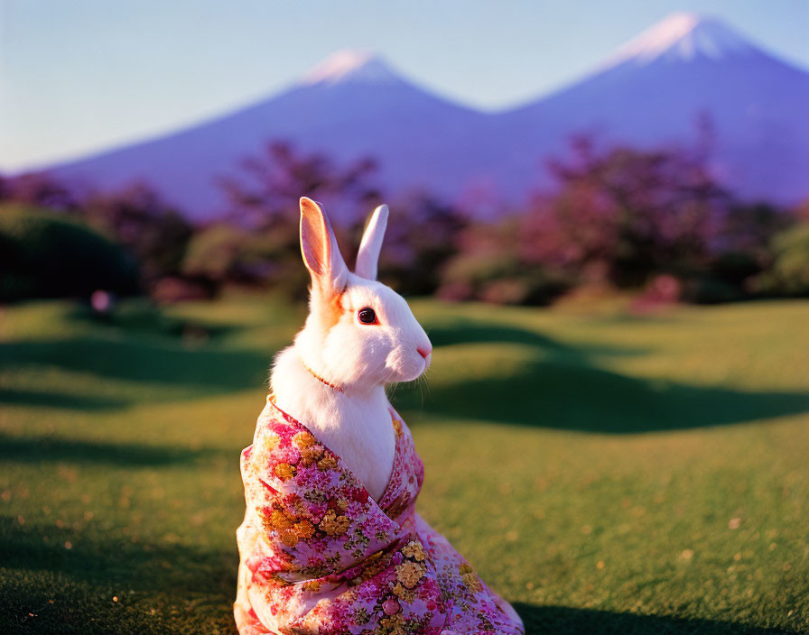 Rabbit in floral kimono with Mount Fuji at sunset