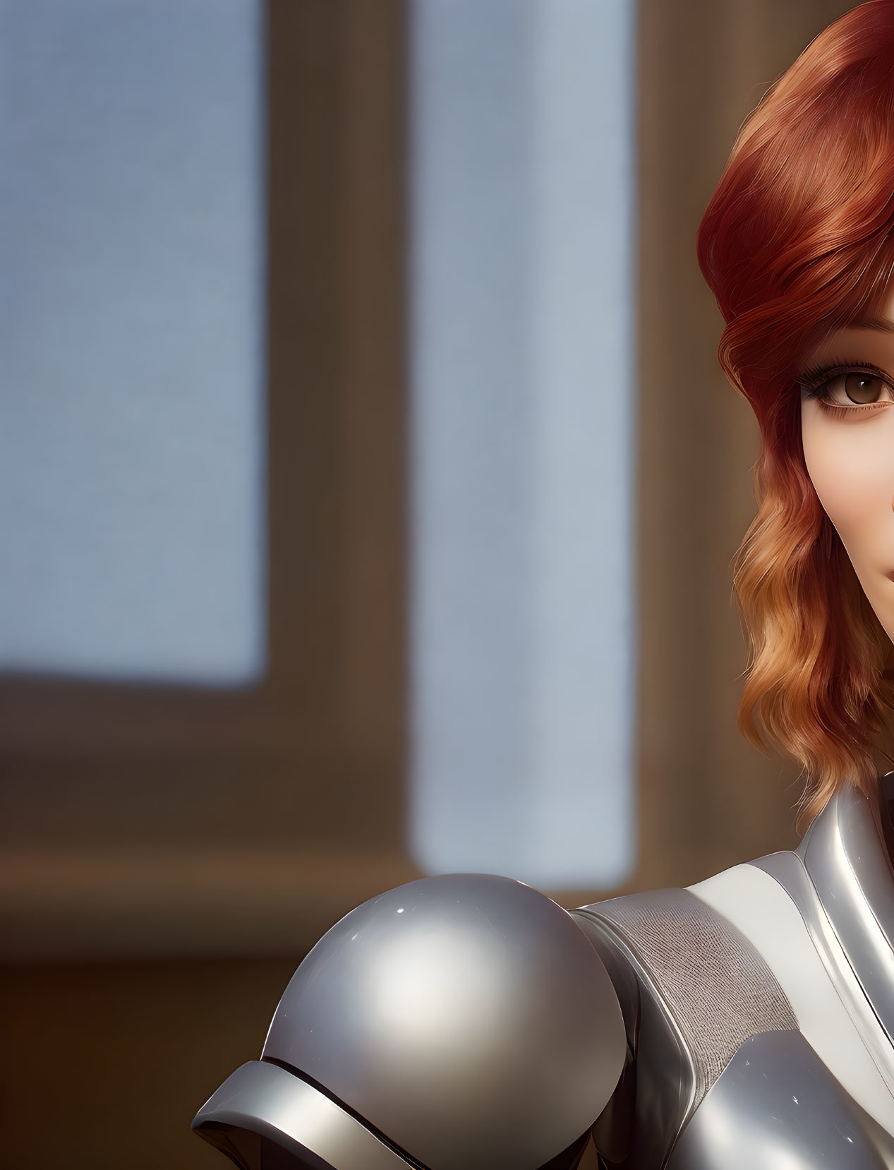 3D animated female character with red hair and silver armor in close-up shot