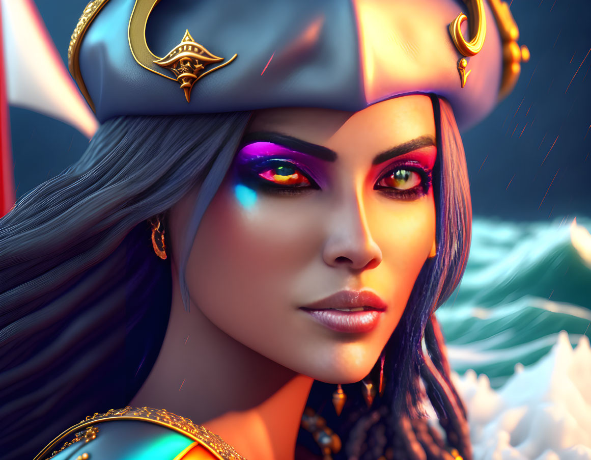 Woman in pirate hat with vibrant makeup against stormy sea.