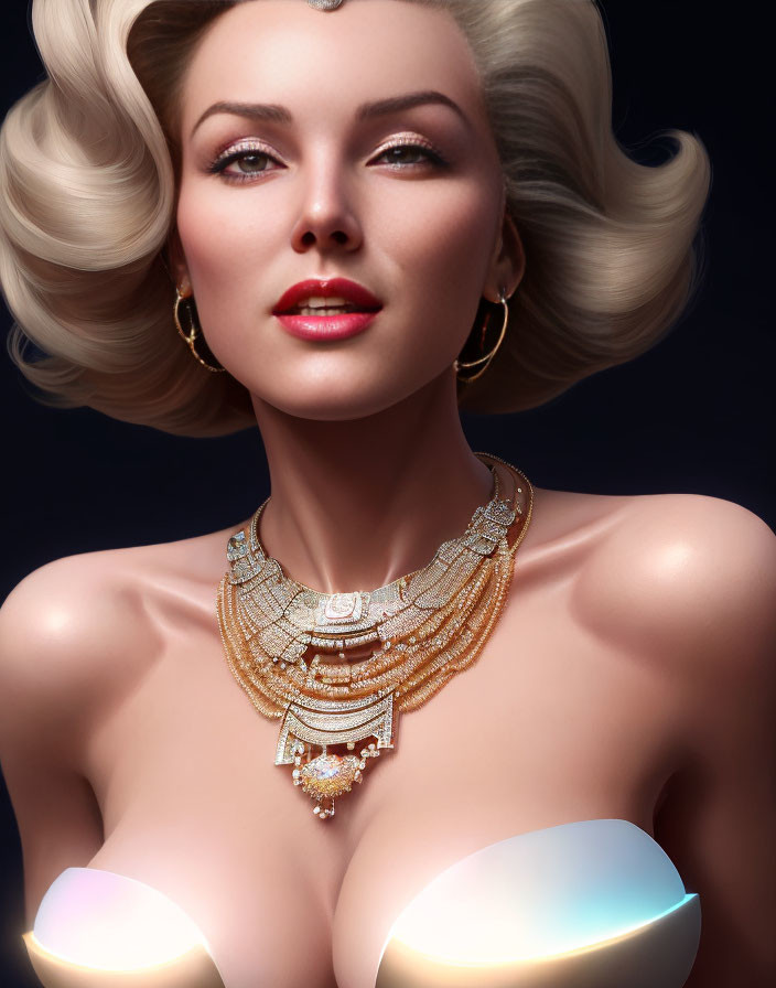 Portrait of Woman with Voluminous Blonde Hair and Gold Jewelry