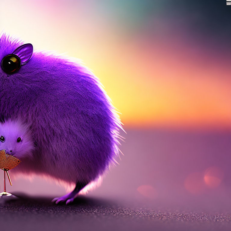 Purple fluffy creature with big eyes and cookie on blurred sunset backdrop