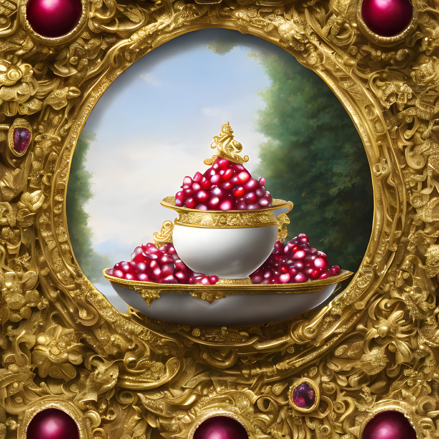 Golden frame with gems surrounding a white and gold dish filled with red berries on a lush outdoor background