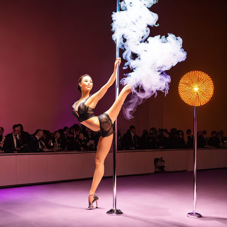 Performer in black outfit on pole with raised leg, amid smoke, warm lighting, audience.