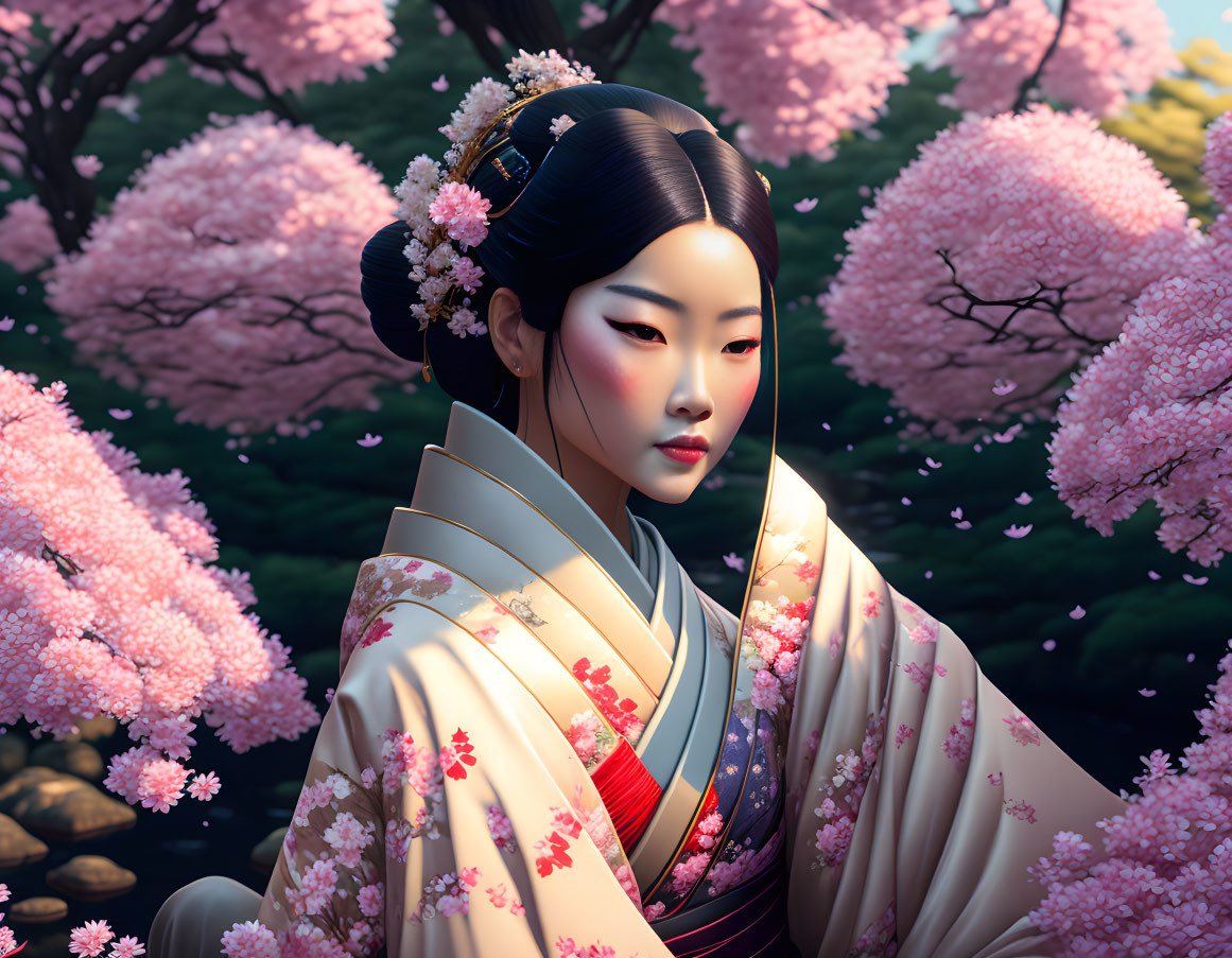 Traditional Japanese attire woman with cherry blossoms illustration